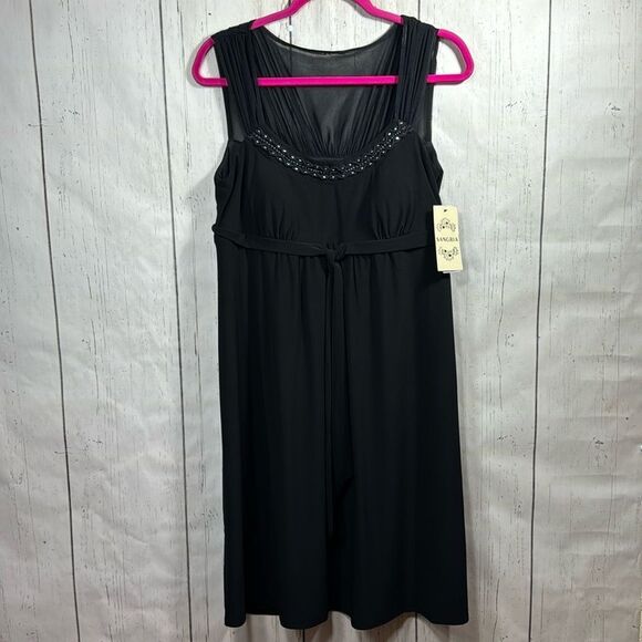 Sangria Black Sleeveless Sheer Babydoll Tie Front Embellished Stretch Midi Dress - Picture 1 of 16